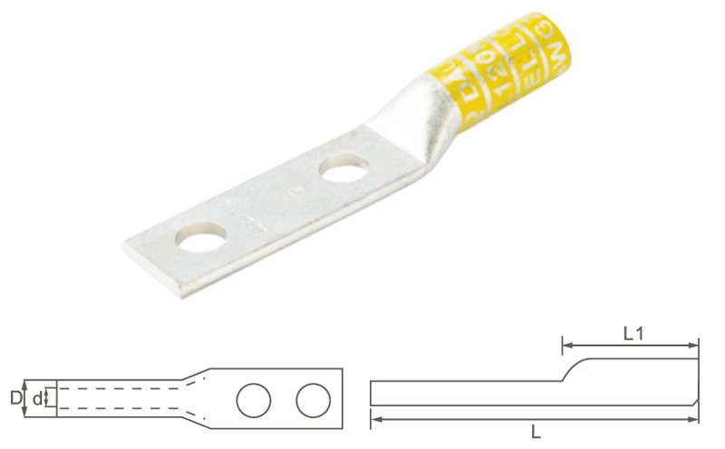 Ring terminal supplier_Two Hole Long Barrel Copper Lug Drawing